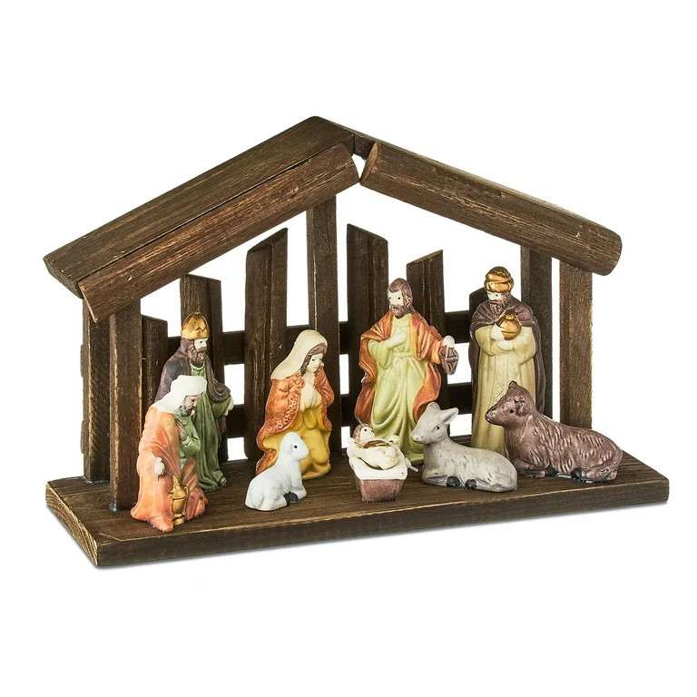 Porcelain Indoor Nativity Scene Set with Wooden Stable, 11 Pieces, by Holiday Time - Walmart.com | Walmart (US)