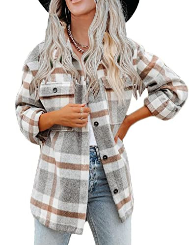 Haellun Womens Wool Blend Plaid Flannel Button Down Shirts Jacket Shacket Coats(Grey,S) | Amazon (US)