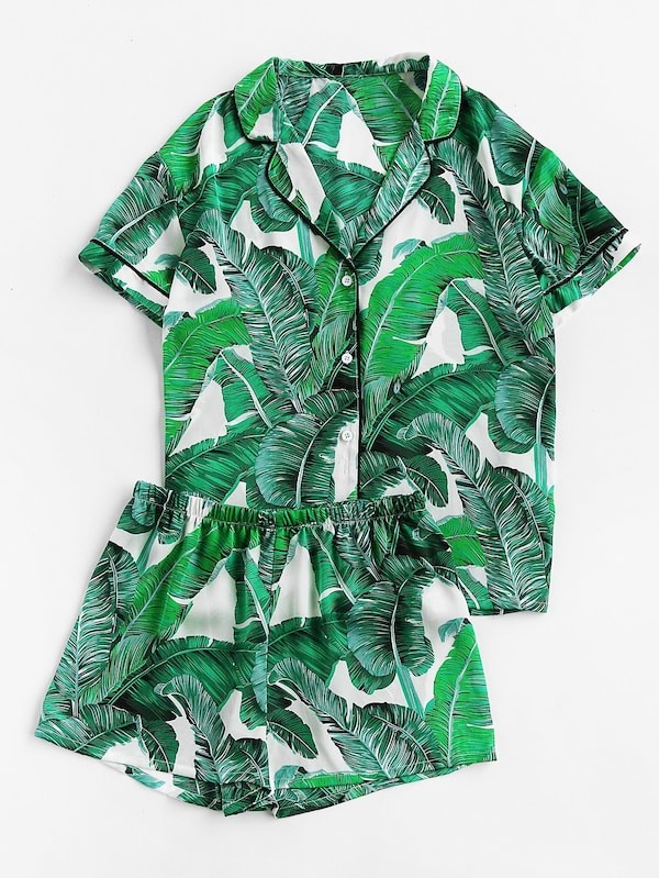 SHEIN Palm Leaf Print Revere Collar Pajama Set | SHEIN
