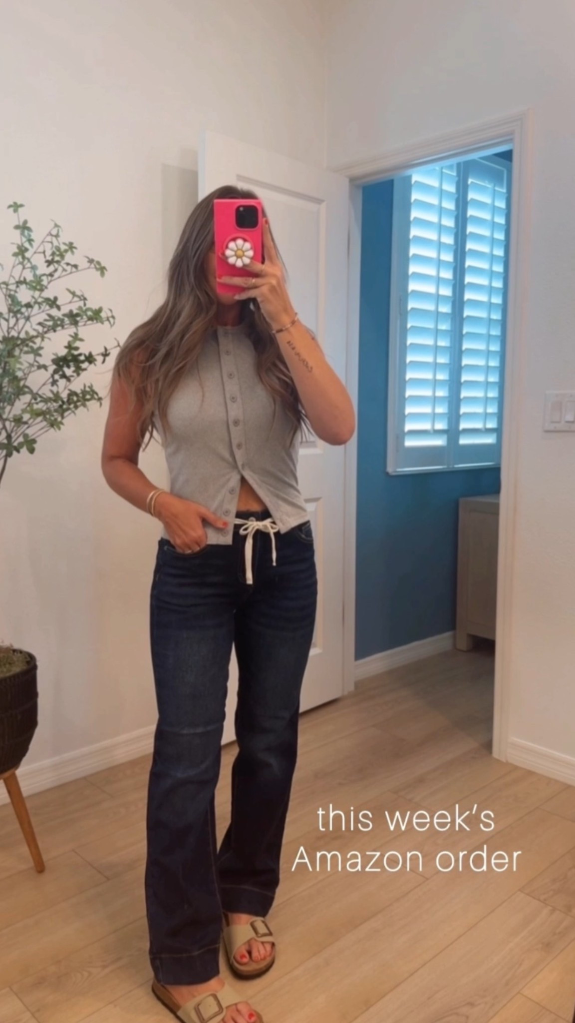 4 jeans - smallest size they come. I’m usually a 2 in jeans for reference! They are SO COMFORTABLE!!!! // small tank - LOVE THIS SO MUCH. It’s sooooo soft. WOW!!! Perfect summer to fall transition item. Dress up for work and button all the way, or dress down casual like this!
