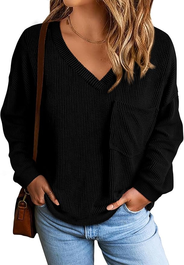 KIRUNDO Women's Casual V Neck Ribbed Knit Shirts Going Out Tops 2024 Fall Basic Long Sleeve Loose... | Amazon (US)