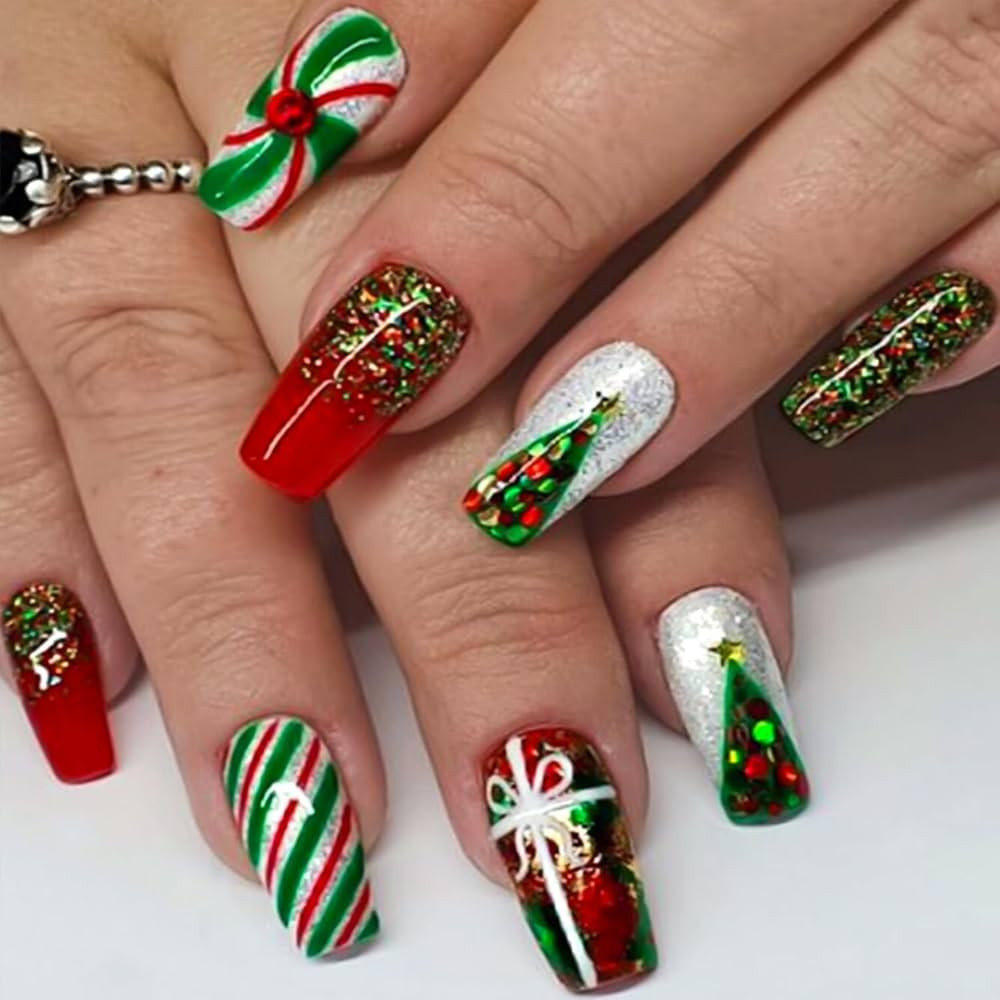 TULOBI Christmas Press on Nails Medium Coffin Fake Nails with Christmas Tree Designs Glitter Glue... | Amazon (US)