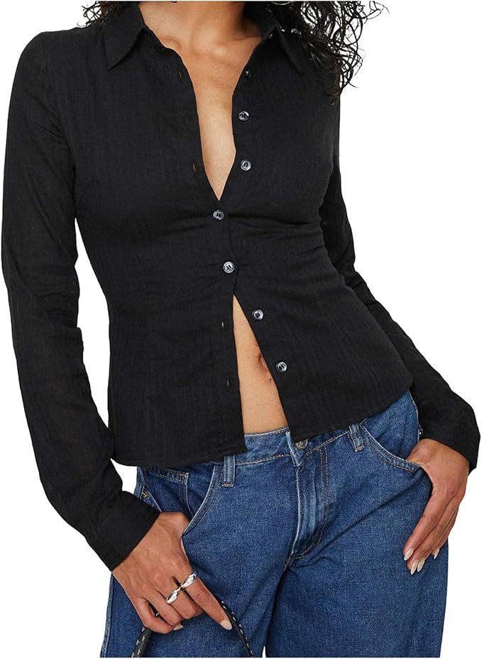 Women Long Sleeve Slim Button Up Shirt Solid Color Y2K Button Down Blouse Vintage Slim Fitted Col... | Amazon (US)