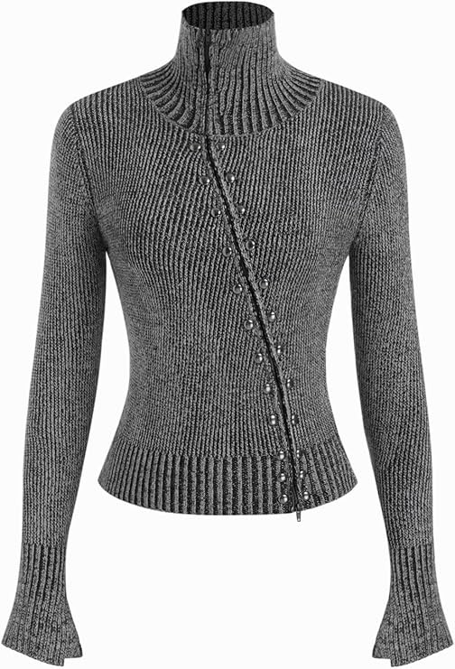 CIDER Zipper Cardigan Cropped Sweaters for Women Stand Collar Rivet Turtleneck Sweaters Split Sle... | Amazon (US)