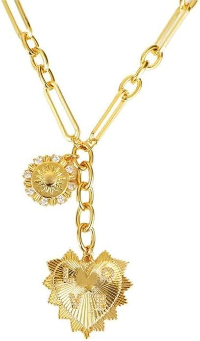 Charm necklace for women - 18K gold plated necklace, Sun Pendant, Chunky gold necklace,heart pend... | Amazon (US)