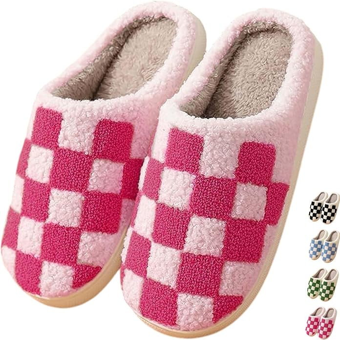 Checkered Slippers - Men & Women's Funny, Fluffy House & Outdoor Shoes - Memory Foam, Warm, Plush... | Amazon (US)
