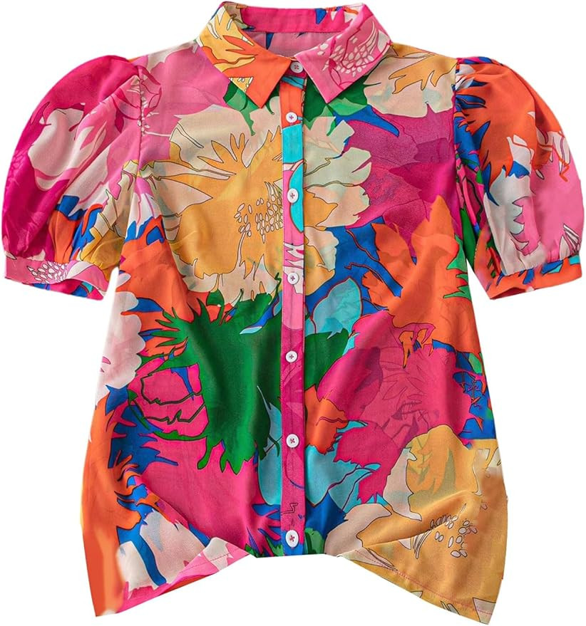 SweatyRocks Women's Floral Print Button Down Blouses Puff Short Sleeve Boho Vacation Shirts | Amazon (US)