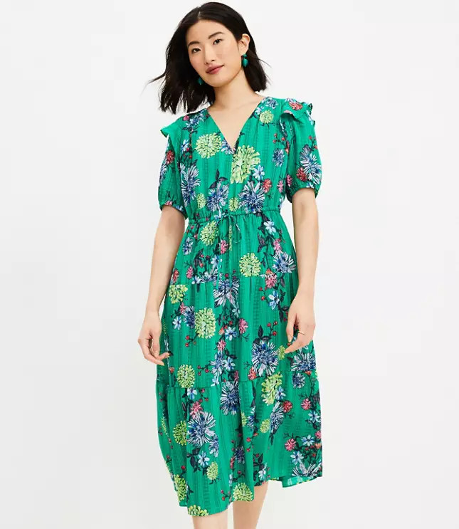 Floral Ruffle V-Neck Midi Dress | LOFT