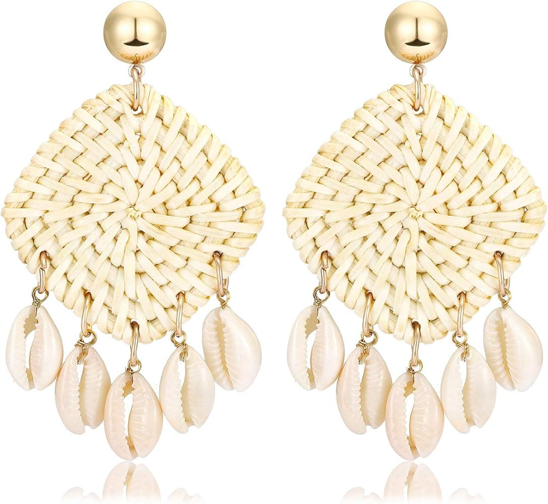 Rattan Shell Earrings Boho Handmade Tassel Woven Straw Wicker Drop Earring Shell Dangle Earrings ... | Amazon (US)
