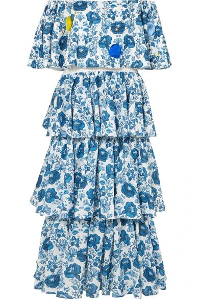 All Things Mochi - Barta Off-the-shoulder Printed Cotton Midi Dress - Azure | NET-A-PORTER (UK & EU)