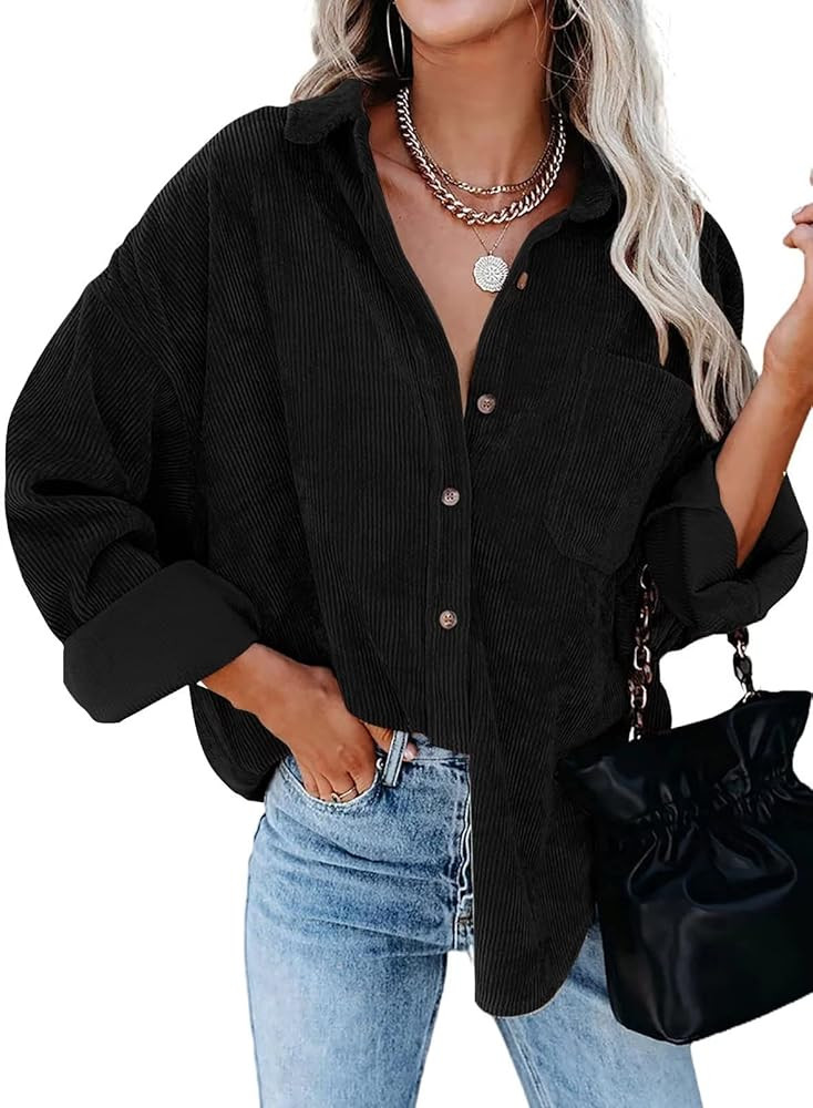 ZOLUCKY Womens Corduroy Button Down Shirts Casual Long Sleeve Shacket Jacket Boyfriend Blouses Tops | Amazon (US)