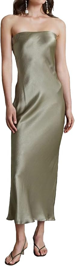 Summer Women's Satin Strapless Tube Maxi Dresses 2023 Sexy Silk Backless Prom Midi Dresses for Wo... | Amazon (US)