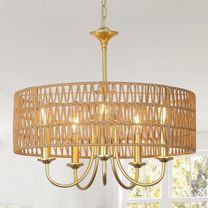 Gold Chandelier Light Fixtures, 5-Light Large Boho Rattan Pendant Lighting with Hand Woven Wicker... | Amazon (US)