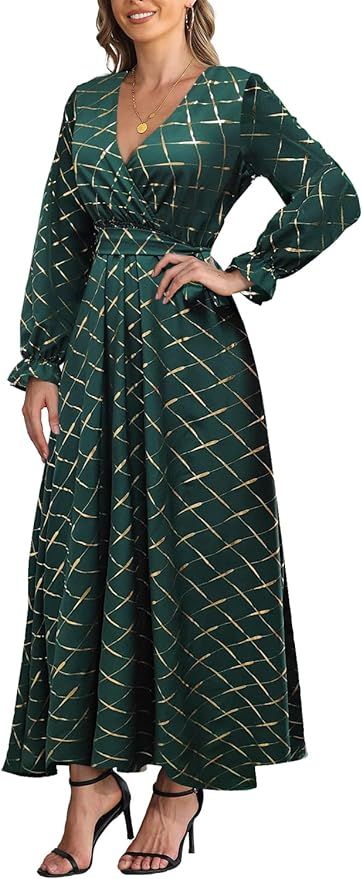 SouqFone Women Floral Long Puff Sleeve Wrap Maxi Dress V Neck Belted High Waist Boho Flowy A-Line... | Amazon (US)