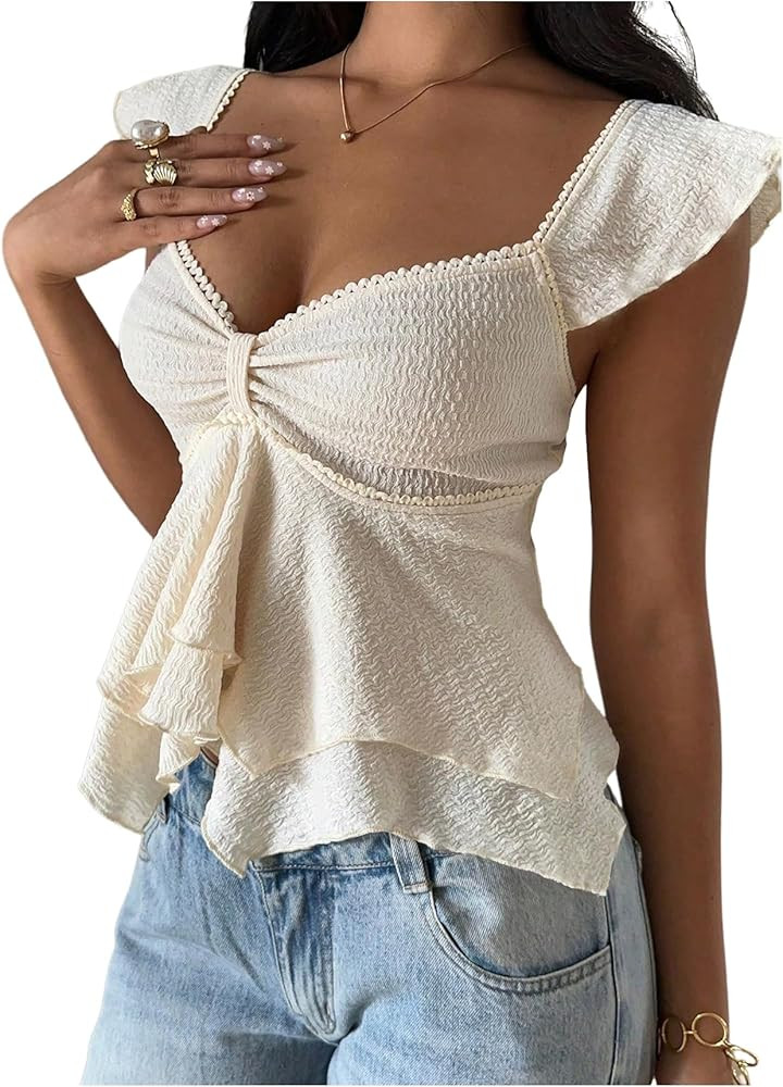 RoseSeek Women's Flowy Going Out Tank Top Sweetheart Neck Cap Sleeve Summer Ruffle Elegant Crop T... | Amazon (US)