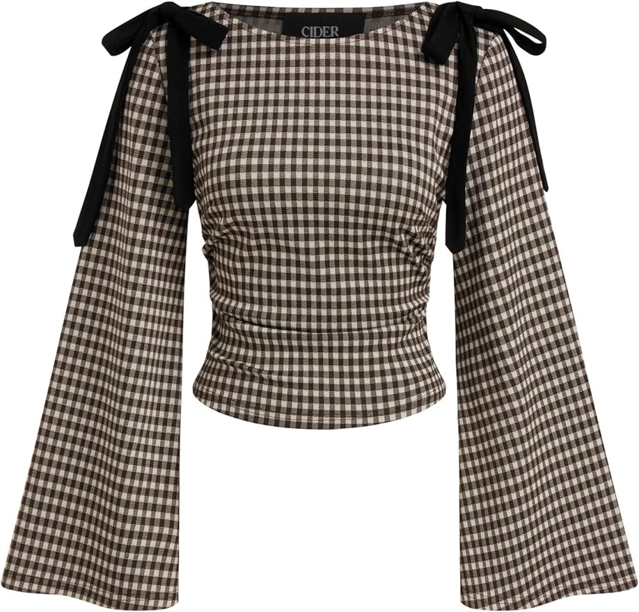 CIDER Tops Gingham Bowknot Ruched Long Sleeve Boat Neck Slim Fit Top | Amazon (US)