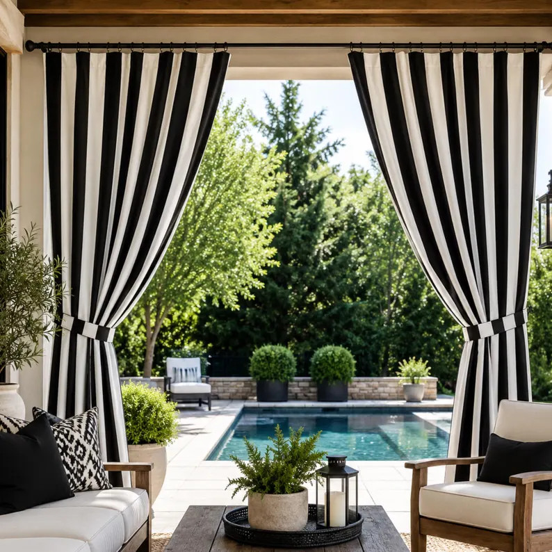 Black White Striped Outdoor Curtains | Sunbrella Patio Pergola Porch Curtains | Custom Privacy Dr... | Etsy (Global)