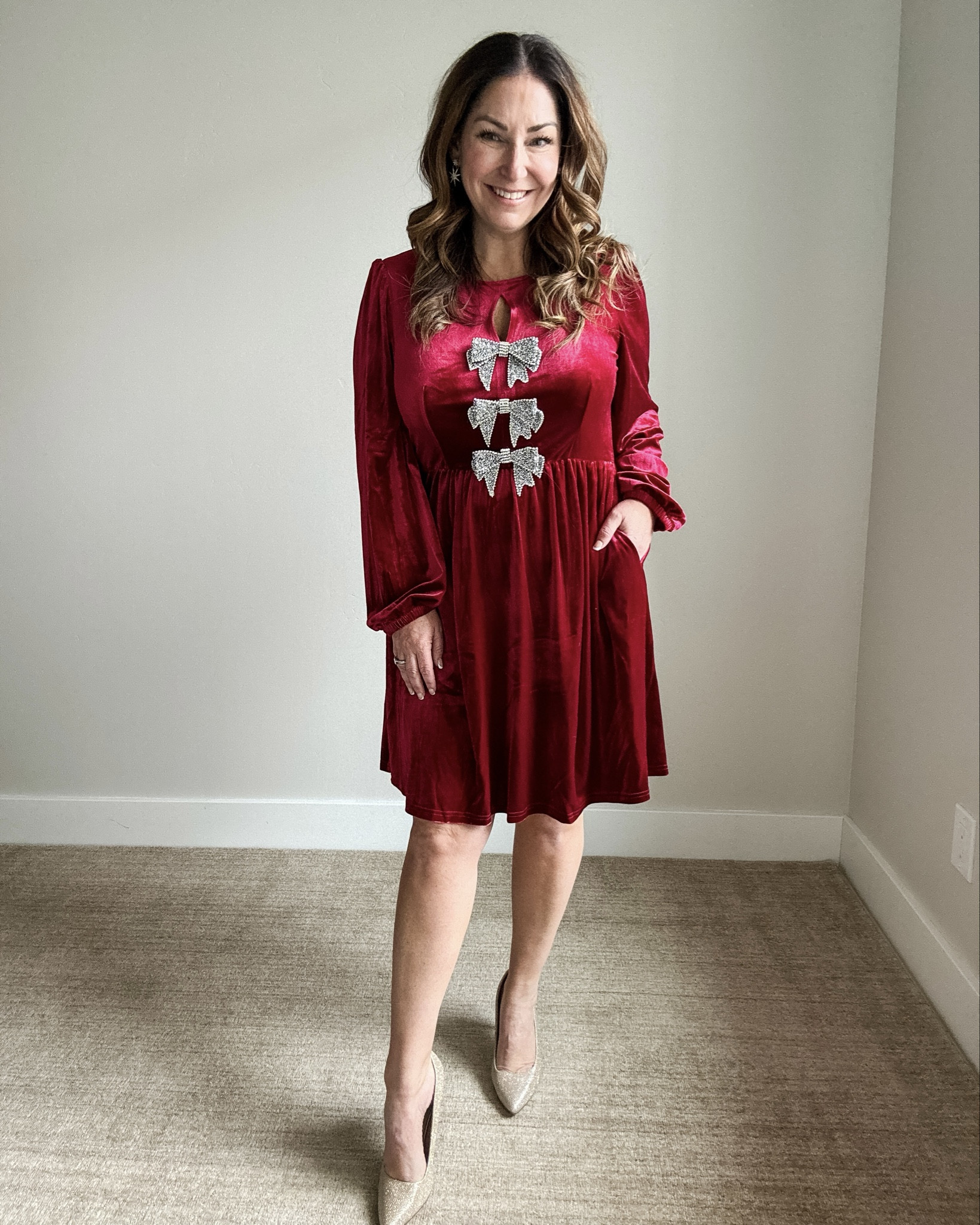 Berry Red Velvet Bow Embellished Cocktail Length Dress | Wearing L
#holidayparty #holidayevent #holidaydress 

 

#LTKHoliday #LTKSeasonal #LTKMidsize
