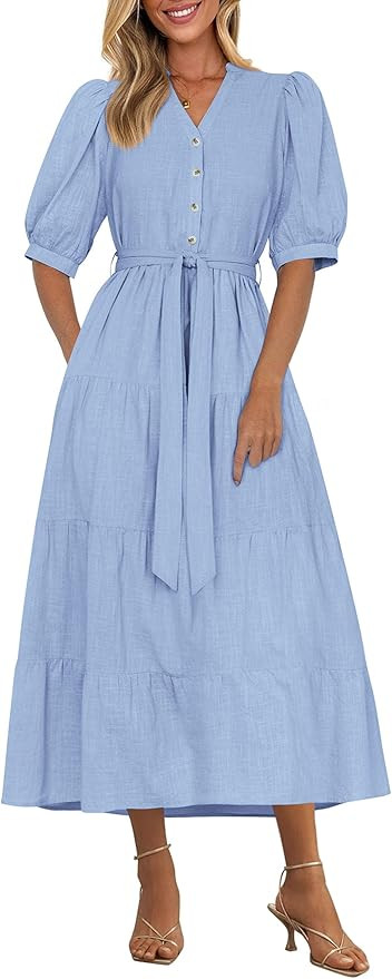 PRETTYGARDEN Women's Summer Midi Dress 2025 Casual Short Sleeve V Neck Buttons Belted Ruffle A Li... | Amazon (US)