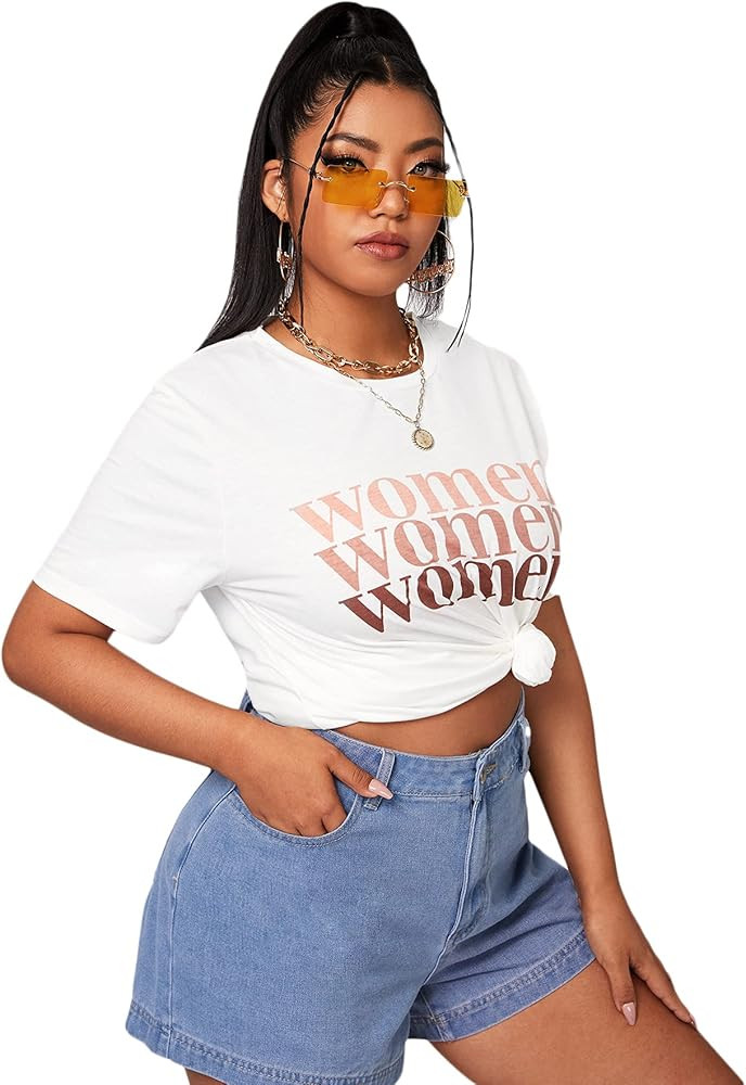 Floerns Women's Plus Size Letter Graphic Print Short Sleeve Round Neck T Shirt | Amazon (US)