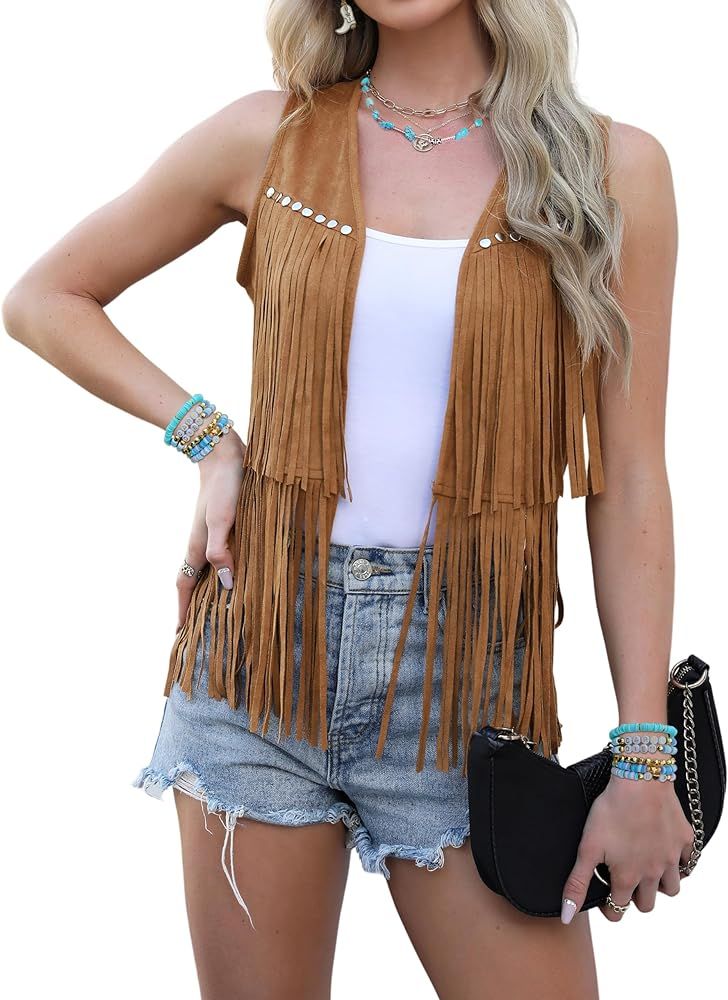 Anbech Women's Fringe Vest Cowgirls Sleeveless Tassel Jacket Faux Suede 70s Hippie Cardigan | Amazon (US)