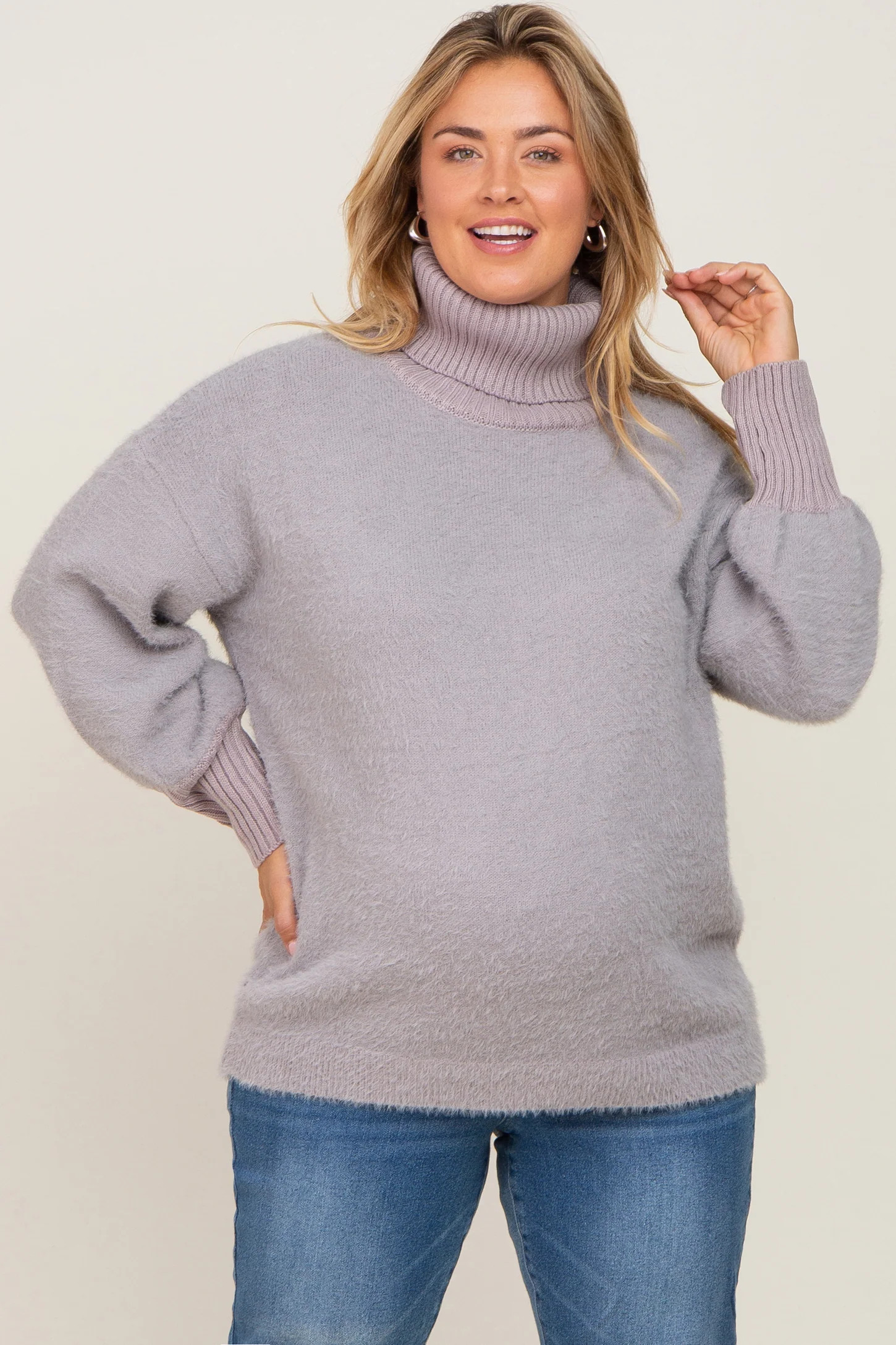 Grey Fuzzy Knit Turtleneck Maternity Plus Sweater | PinkBlush Maternity