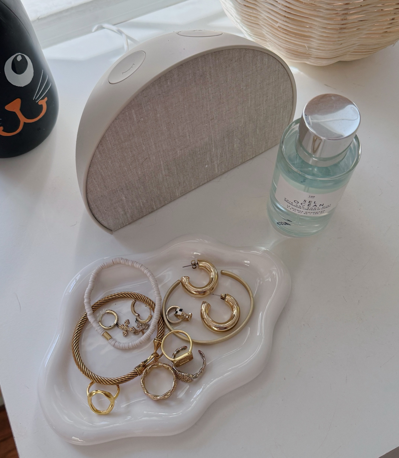 nightstand needs☺️
 this jewelry tray is THE CUTEST & i just love my hatch alarm!