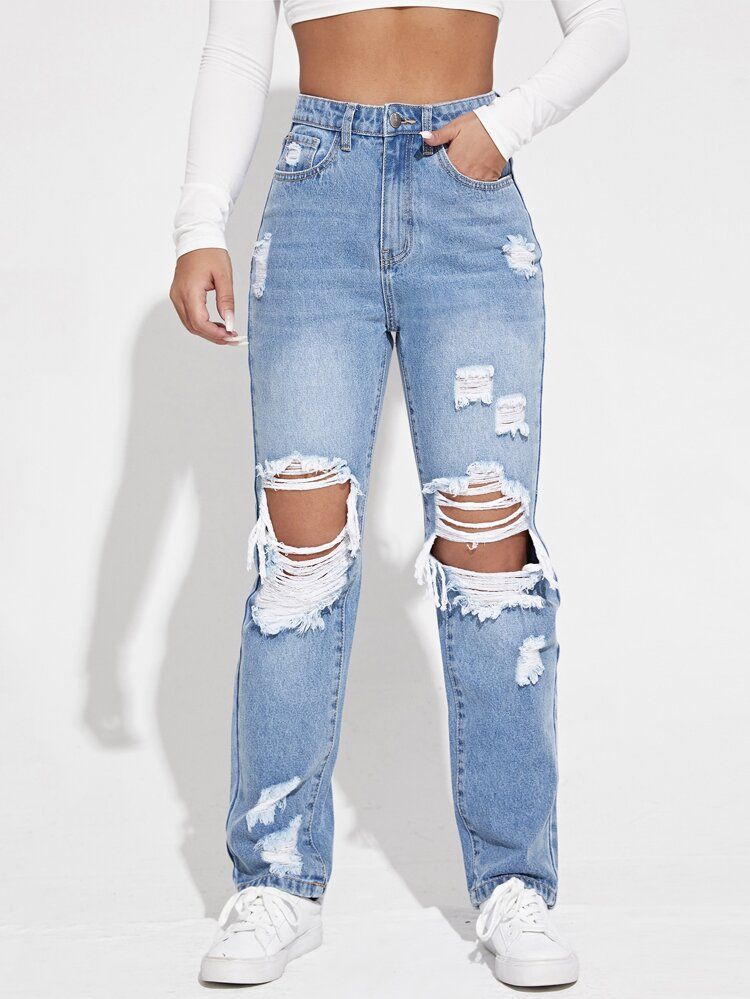 High Waist Ripped Straight Leg Jeans | SHEIN