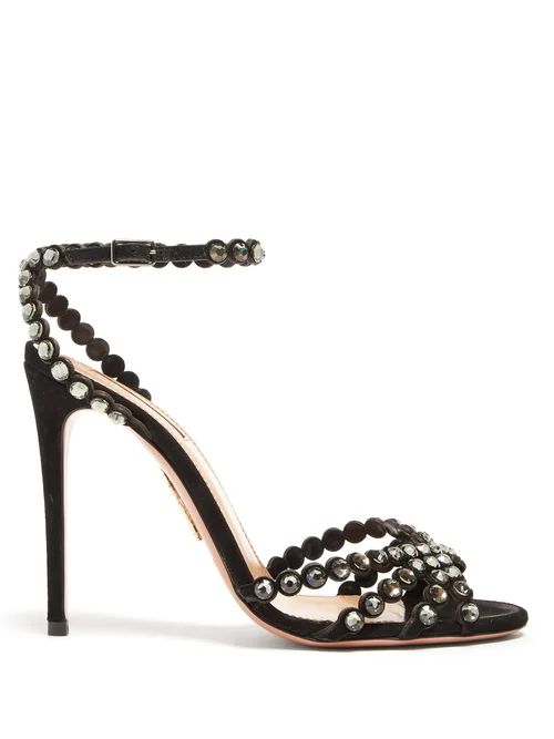 Aquazzura - Tequila 105 Crystal-embellished Suede Sandals - Womens - Black | Matches (US)
