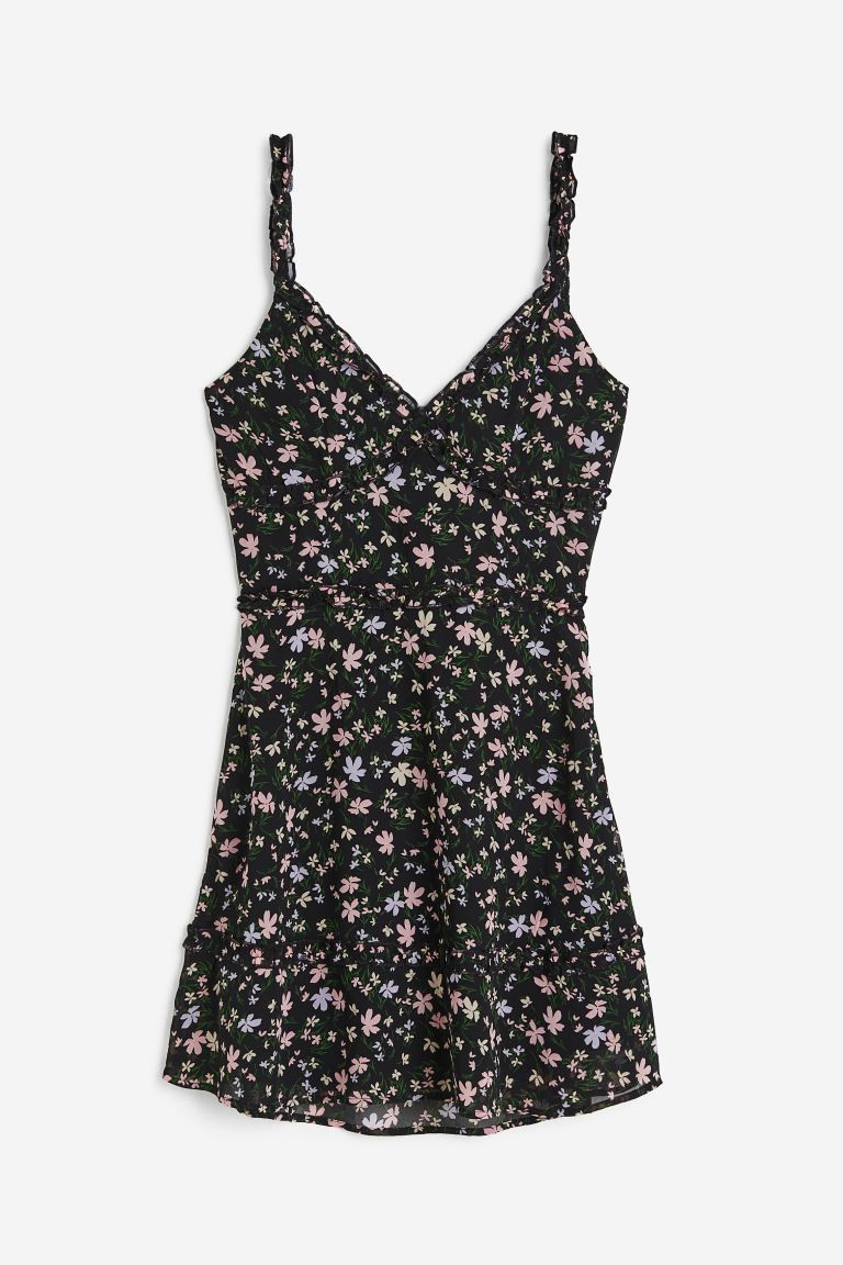 Ruffle-trimmed Tie-detail Dress - V-neck - Sleeveless - Black/floral - Ladies | H&M US | H&M (US + CA)
