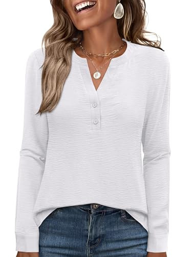 ANRABESS Women's Long Sleeve Shirts 2025 Fall Henley Business Dressy Casual Tops V Neck Button Down T-Shirts Work Blouses White Medium | Amazon (US)
