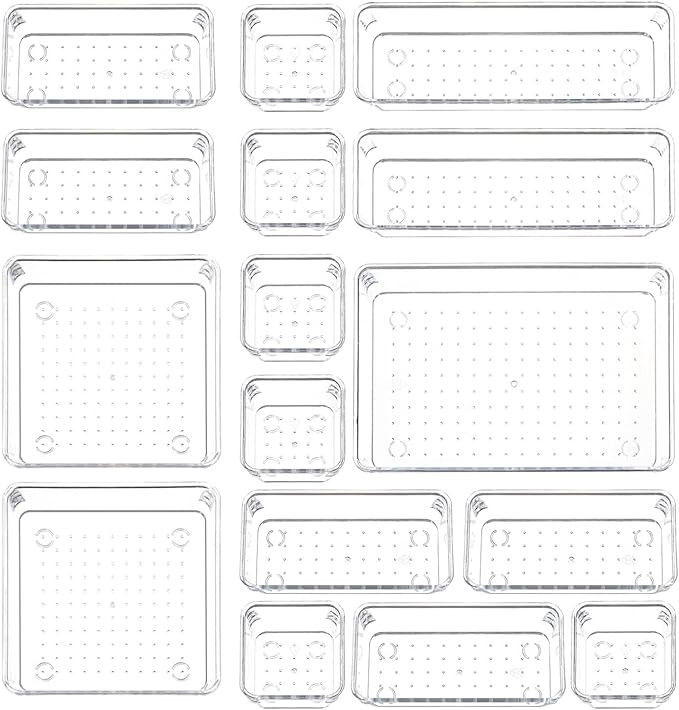 16 PCS Plastic Clear Drawer Organizer Set, 5 Sizes Desk Office Drawer Organizing Trays and Divide... | Amazon (US)