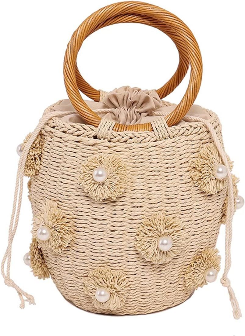 Erhuoxz Straw Bag for Women, Flower Pearls Rattan Woven Drawstring Bucket Bag Straw Beach Bag Sum... | Amazon (US)