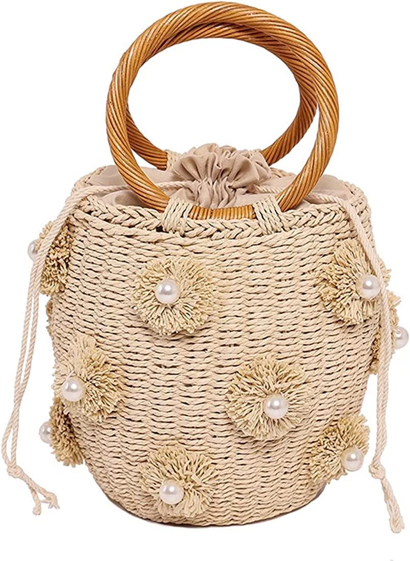Erhuoxz Straw Bag for Women, Flower Pearls Rattan Woven Drawstring Bucket Bag Straw Beach Bag Sum... | Amazon (US)