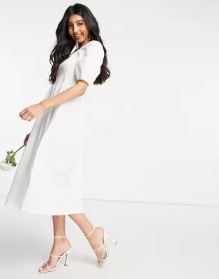 Y.A.S Bridal poplin midi dress with shirred top and puff sleeves in white | ASOS (Global)