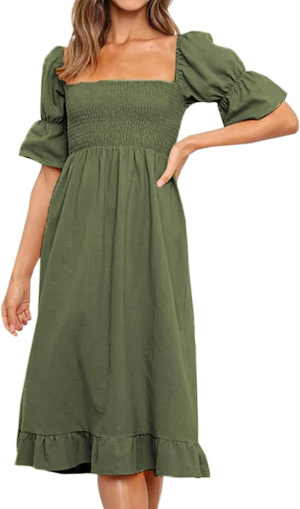 XIONGMEI Women Summer Short Puff Sleeve Square Neck Dress Smocked A-Line Solid Color Ruffle Flowy... | Amazon (US)