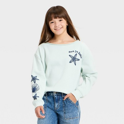 Girls' Oversized "Sea Ya Later" Graphic Fleece Sweatshirt - art class™ Aqua Green S | Target