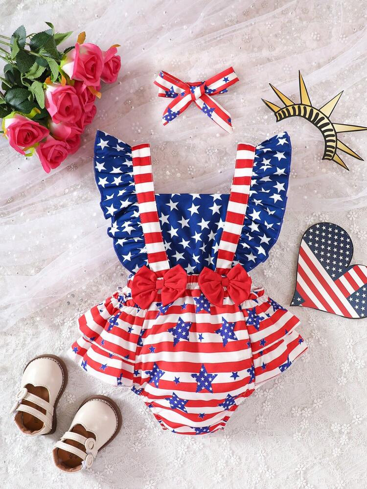 Baby Americana Print Bow Front Ruffle Trim Bodysuit & Headband
       
              
           ... | SHEIN