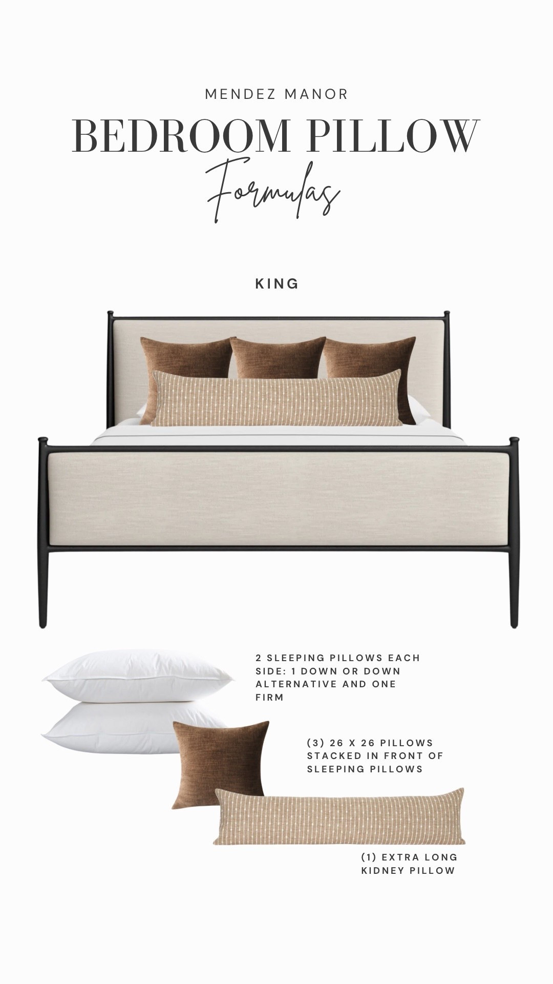 Creating a designer-styled bed is all about the right pillow combo!

Here’s one of my go-to formulas for King size beds.

Formula:

- (2) king size sleeping pillows each side (one down or down alternative, one firm)
- (3) 26x26 pillows stacked in front
- (1) extra-long kidney pillow

For larger beds, fewer oversized pillows often look more intentional and luxurious. The extra-long lumbar or kidney pillow pulls everything together and gives a crisp, modern finish.

#home #bedroom #decor

#LTKStyleTip #LTKFindsUnder100 #LTKHome