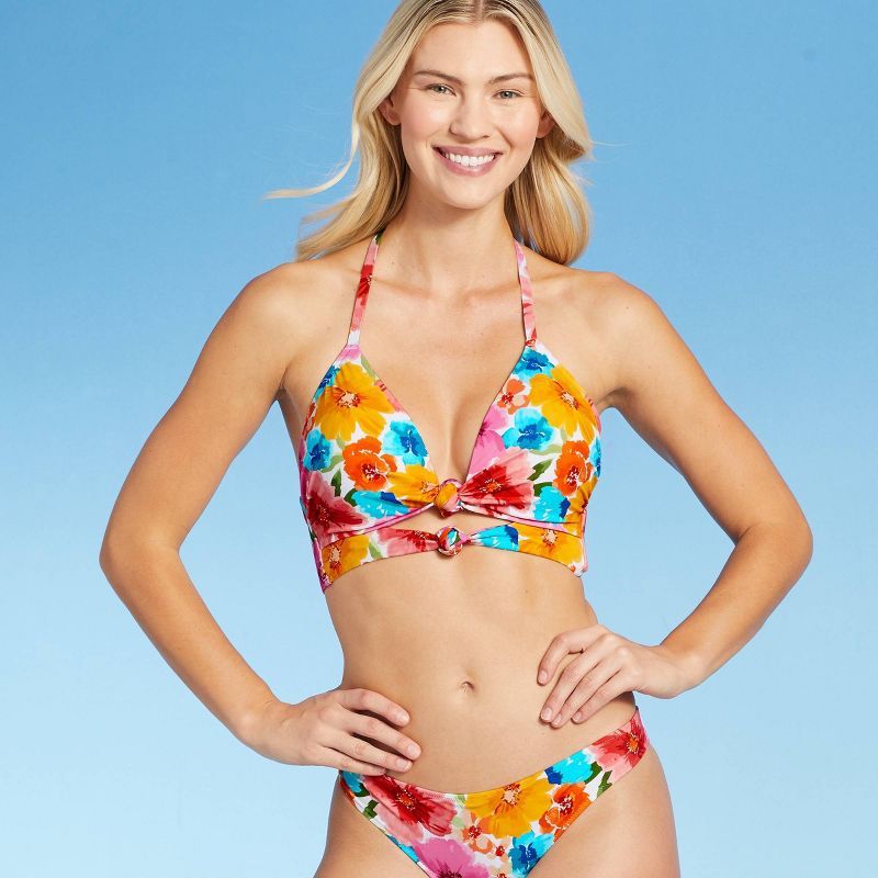 Women's Lightly Lined Longline Double Knot-Front Bikini Top - Shade & Shore™ Pink Floral | Target