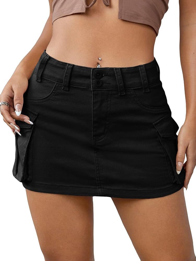 WDIRARA Women's Low Waist Button Bodycon Mini Cargo Denim Skirt with Pocket | Amazon (US)