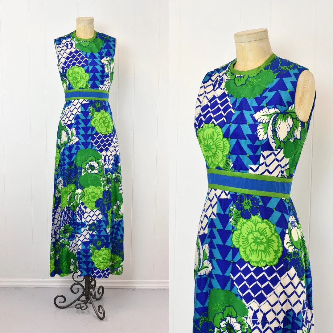 1960s Psychedelic Blue Green Floral Geometric Print Keram New York Silk Maxi Dress Gown - Etsy | Etsy (US)