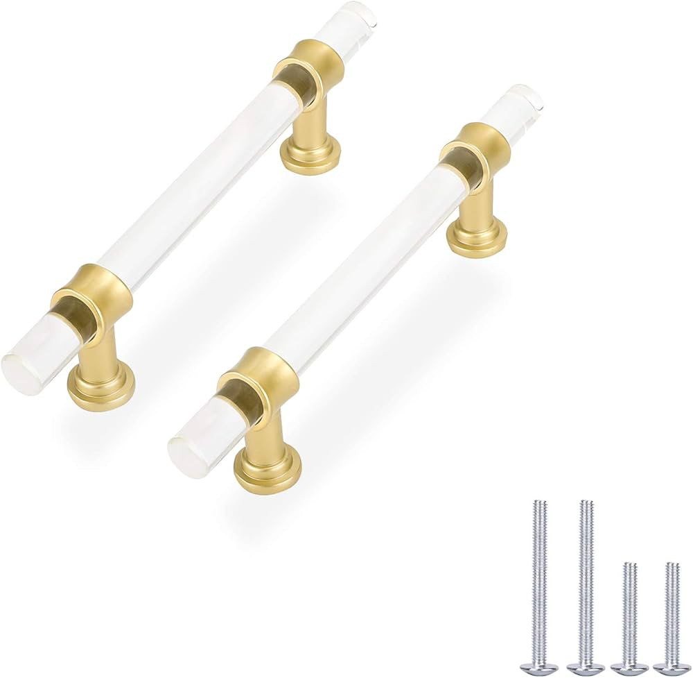Haliwu 10 Pack/Gold Acrylic Handles for Dresser, 3-3/4 inch Hole Center Acrylic Pulls with Gold C... | Amazon (US)