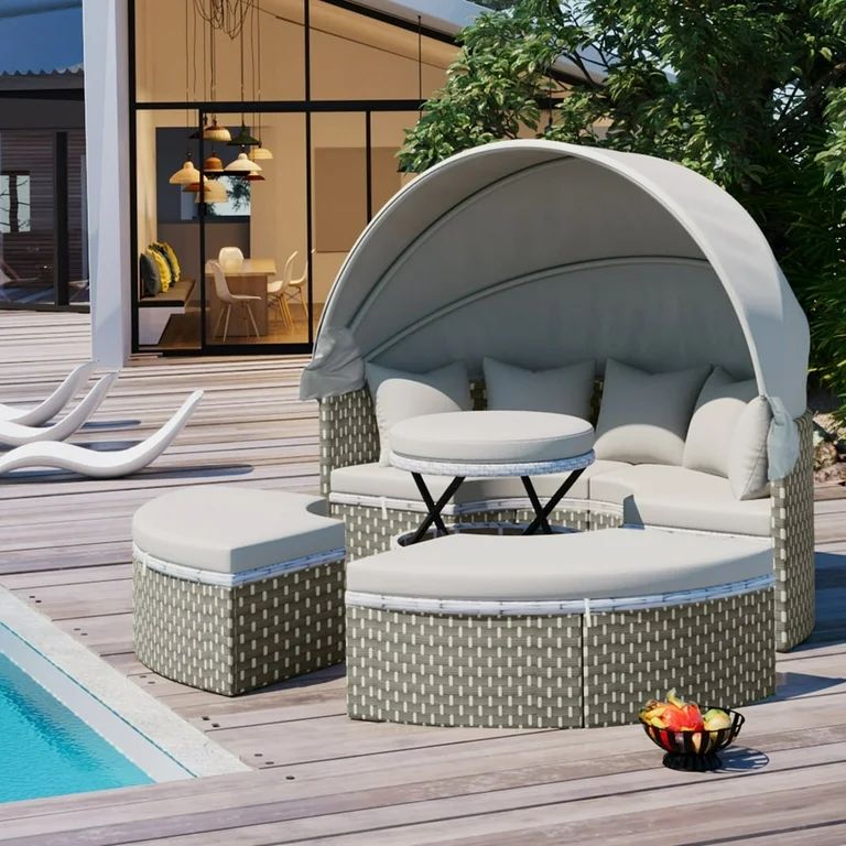 Patio Furniture Round Outdoor Sectional Sofa Set,Rattan Daybed Two-Tone Weave Sunbed with Retract... | Walmart (US)