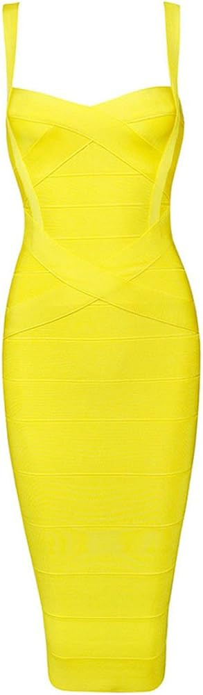 Whoinshop Women's Rayon Strap Celebrity Midi Evening Party Bandage Dress (XL, Yellow) | Amazon (US)