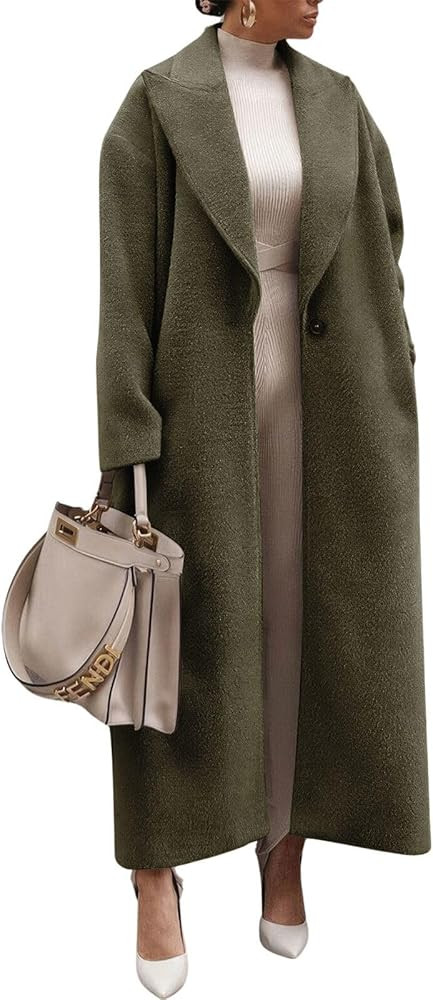 ebossy Women's Fashion Notched Lapel Single Breasted Open Front Maxi Long Trench Coat Woolen Over... | Amazon (US)