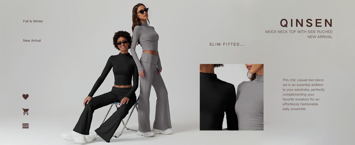 QINSEN Womens 2 Piece Lounge Sets Mock Neck Long Sleeve Tops with Side Ruched Fold Over Flare Pan... | Amazon (US)