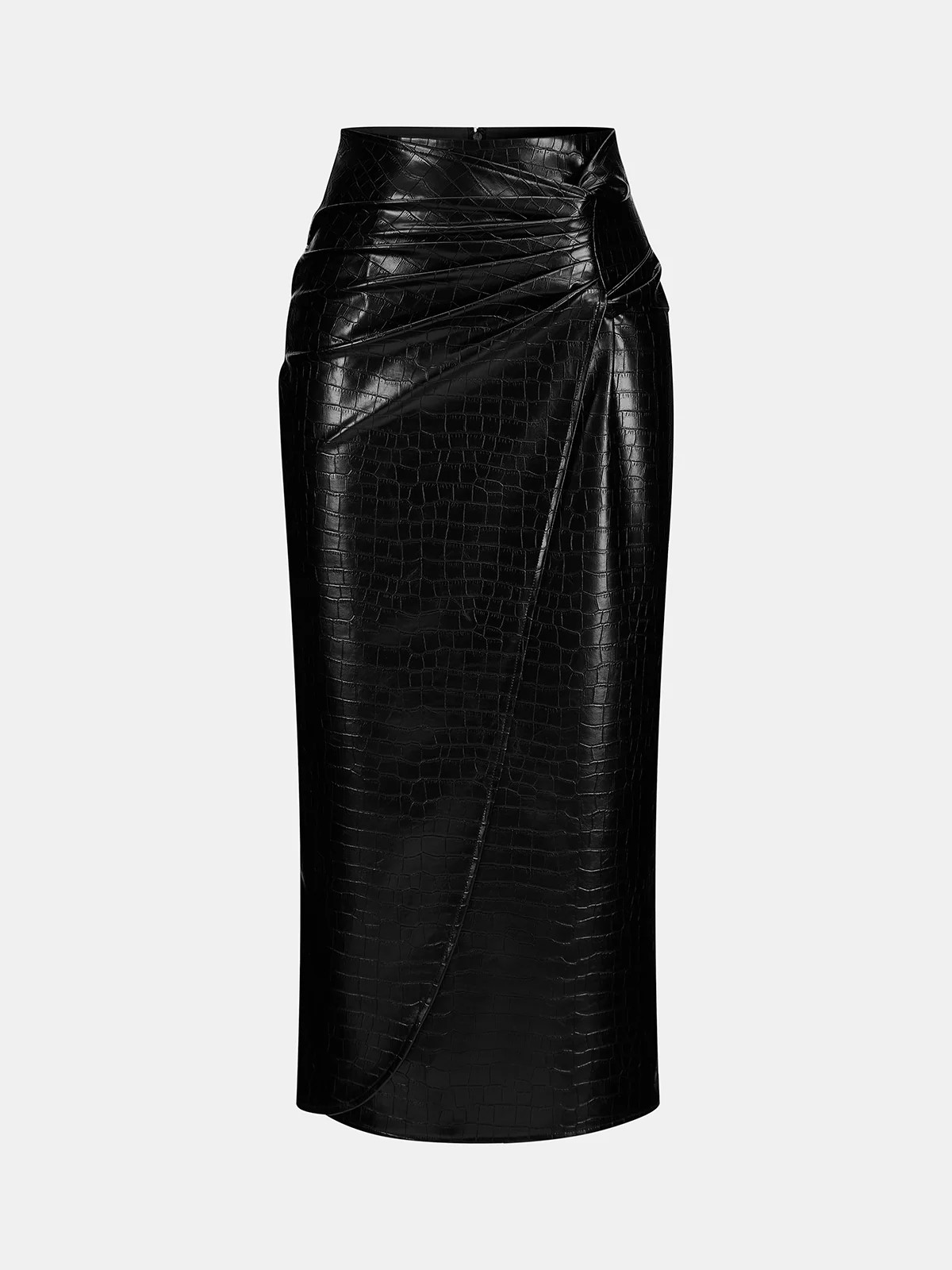 Crocodile Faux Leather Ruched Midi Skirt | Commense