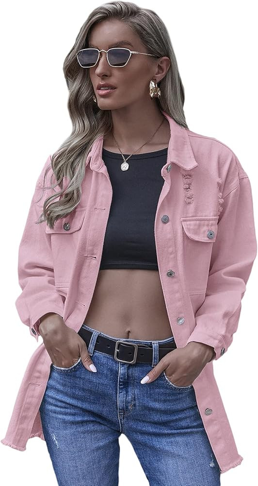 Floerns Women's Ripped Distressed Casual Long Sleeve Denim Jacket | Amazon (US)