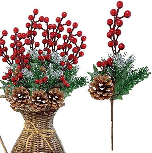 Pinecone Holly Berry Picks Set of 10 Pieces– Snow Flocked Red Holly Berry Pinecones Holiday Flo... | Amazon (US)